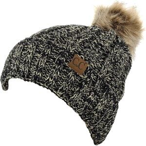 5/$20 C.C Thick Cable Knit Faux Fuzzy Fur Pom Fleece Lined Skull Cap Cuff Beanie